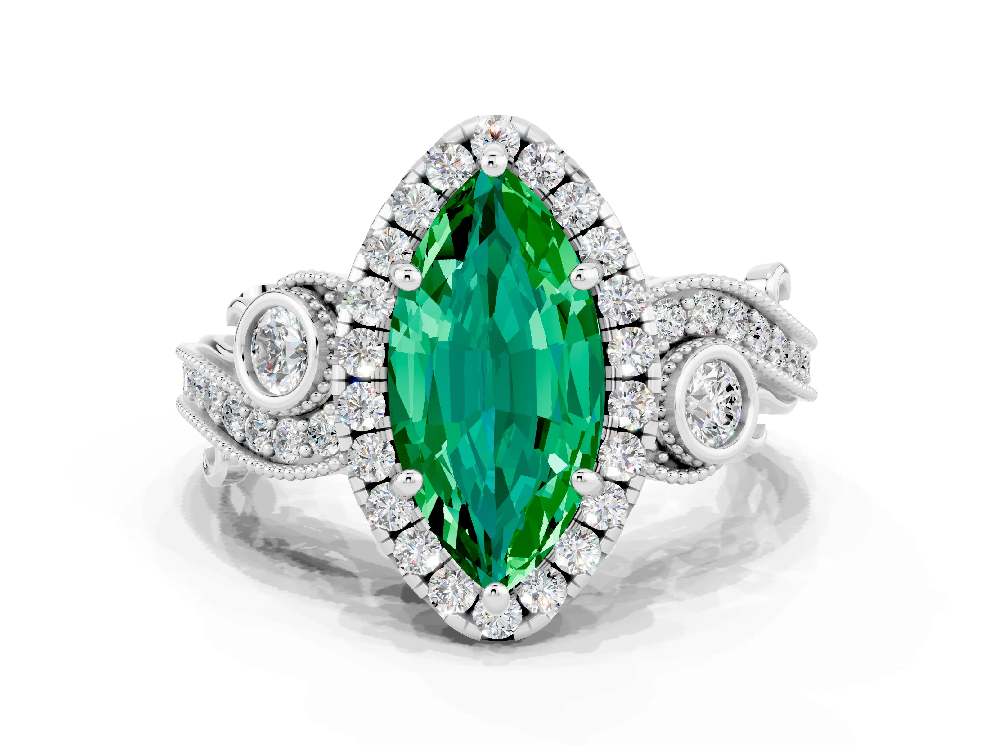 White gold Marquise Cut Emerald Halo Ring with Milgrain Pavé Band and Four-Prong Setting_12