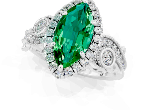 White gold Marquise Cut Emerald Halo Ring with Milgrain Pavé Band and Four-Prong Setting_13