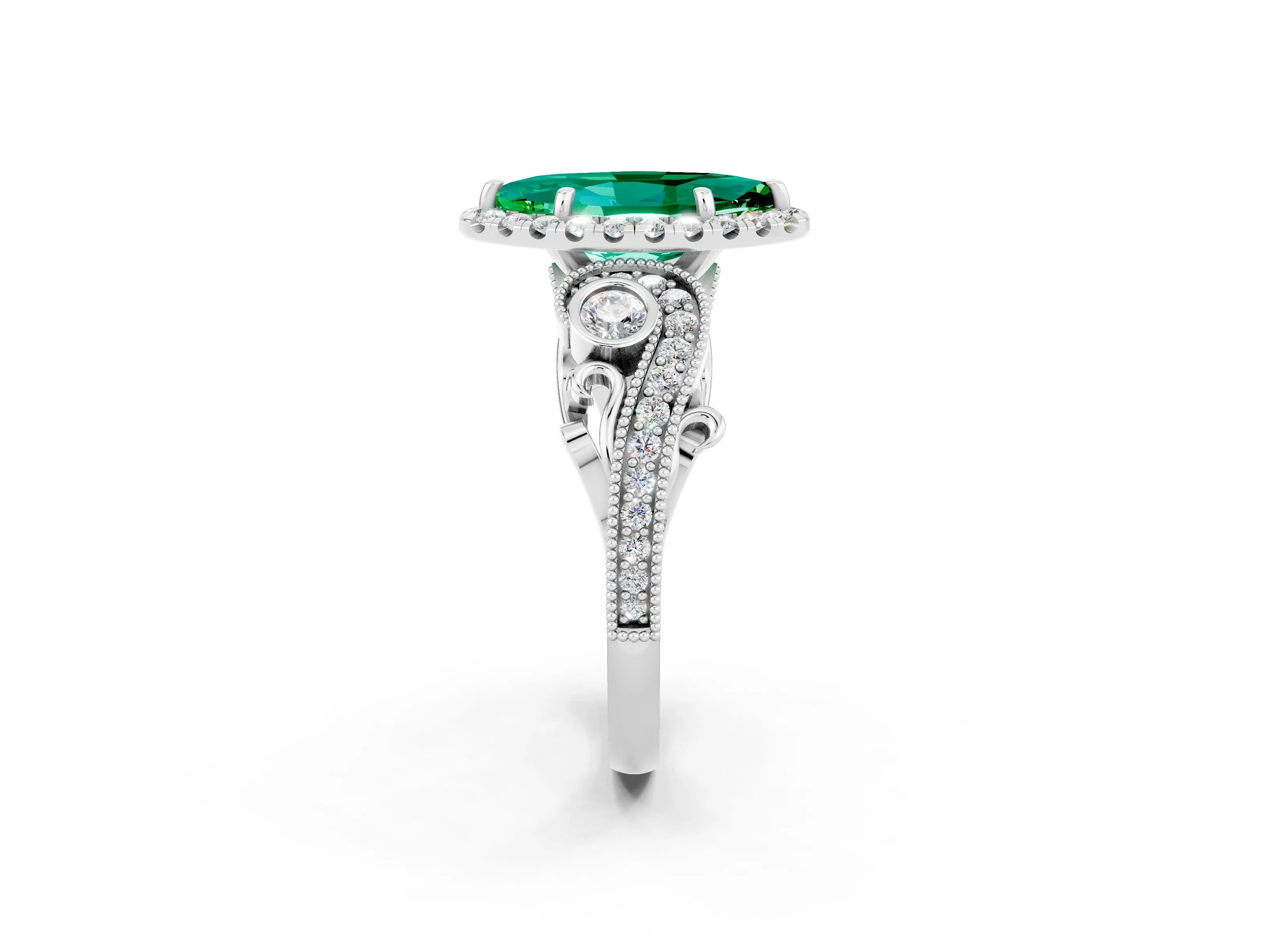White gold Marquise Cut Emerald Halo Ring with Milgrain Pavé Band and Four-Prong Setting_14