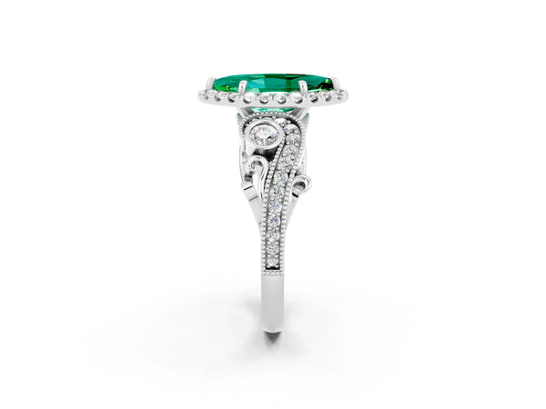White gold Marquise Cut Emerald Halo Ring with Milgrain Pavé Band and Four-Prong Setting