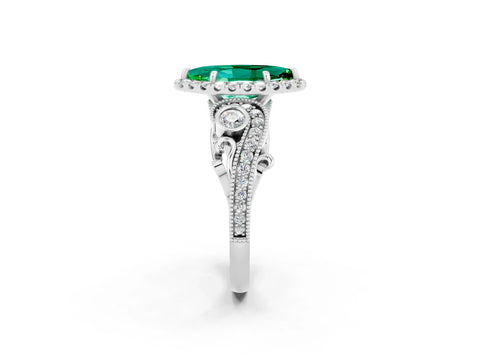 White gold Marquise Cut Emerald Halo Ring with Milgrain Pavé Band and Four-Prong Setting_14