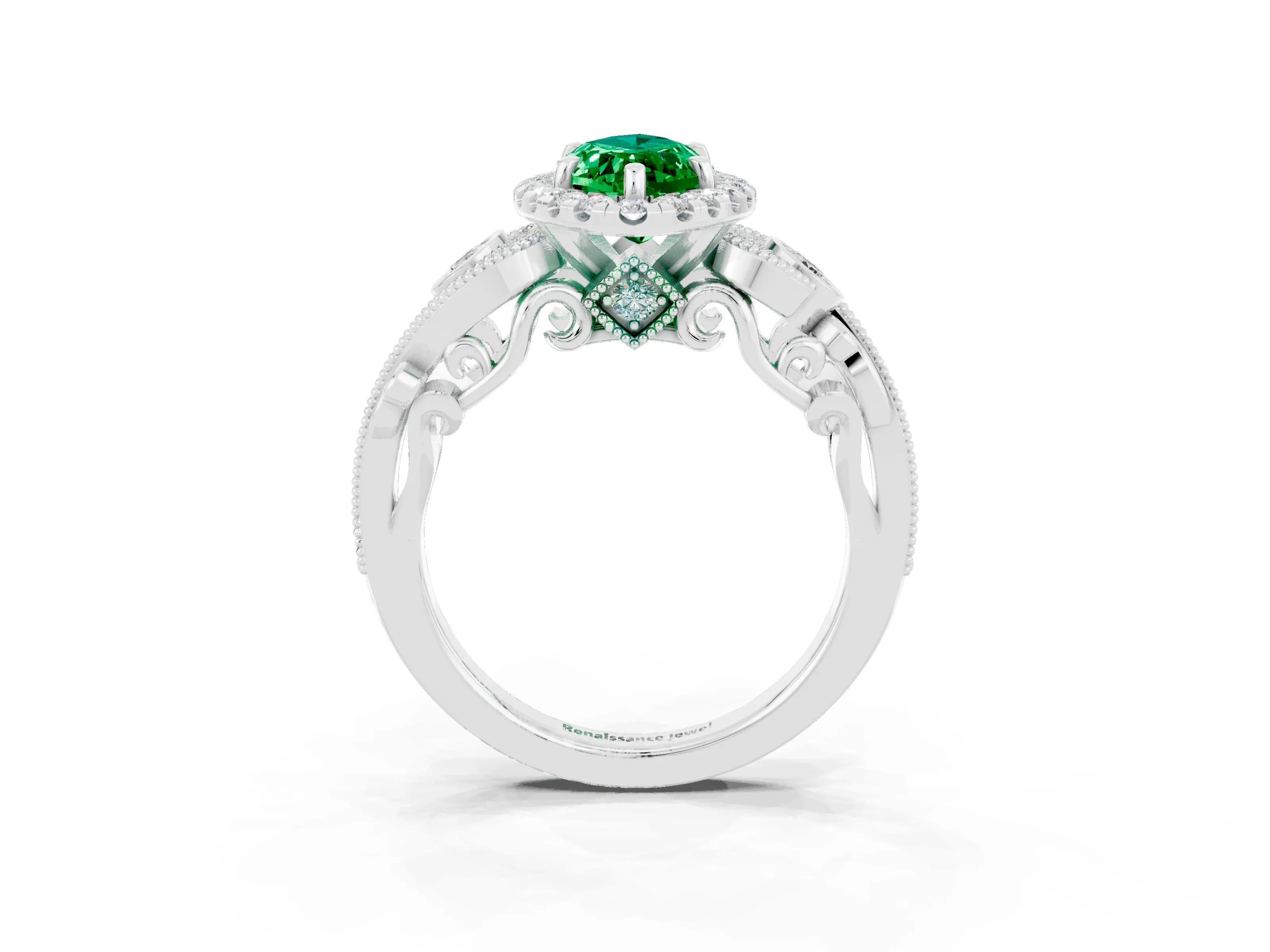White gold Marquise Cut Emerald Halo Ring with Milgrain Pavé Band and Four-Prong Setting_15