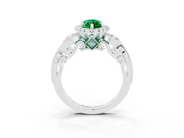White gold Marquise Cut Emerald Halo Ring with Milgrain Pavé Band and Four-Prong Setting