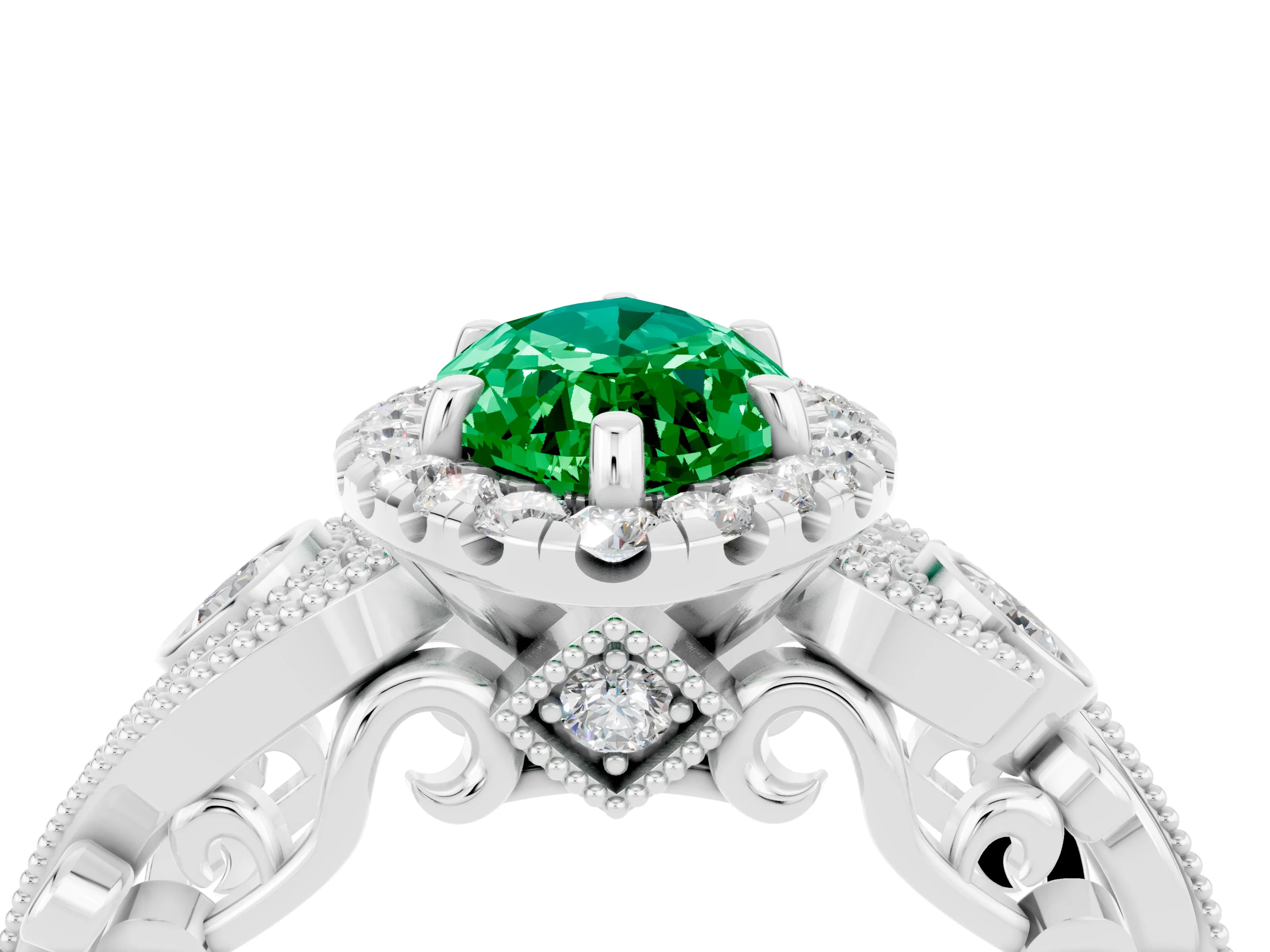 White gold Marquise Cut Emerald Halo Ring with Milgrain Pavé Band and Four-Prong Setting_16