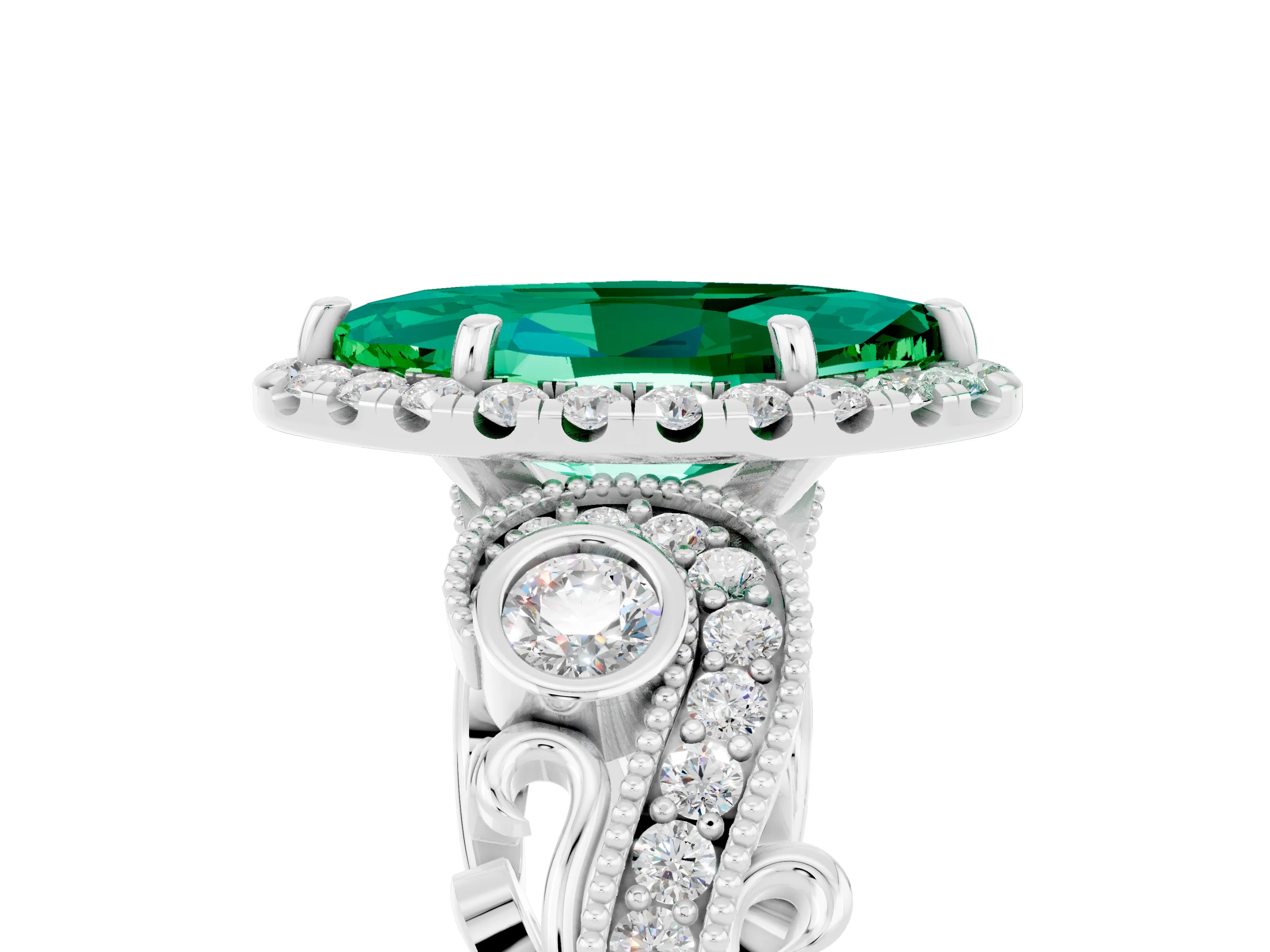 White gold Marquise Cut Emerald Halo Ring with Milgrain Pavé Band and Four-Prong Setting_17