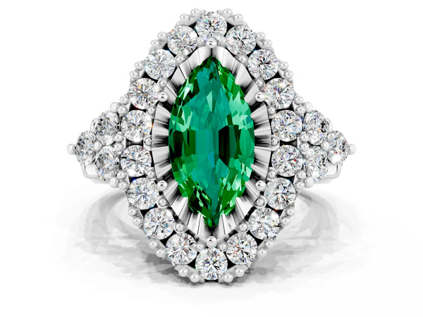 Platinum Marquise Cut Emerald Halo Ring with Pavé Band and Four-Prong Setting