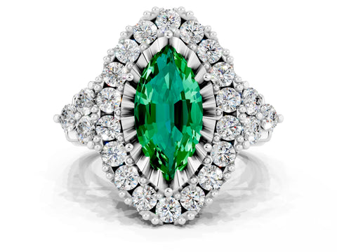 White gold Marquise Cut Emerald Halo Ring with Pavé Band and Four-Prong Setting_12