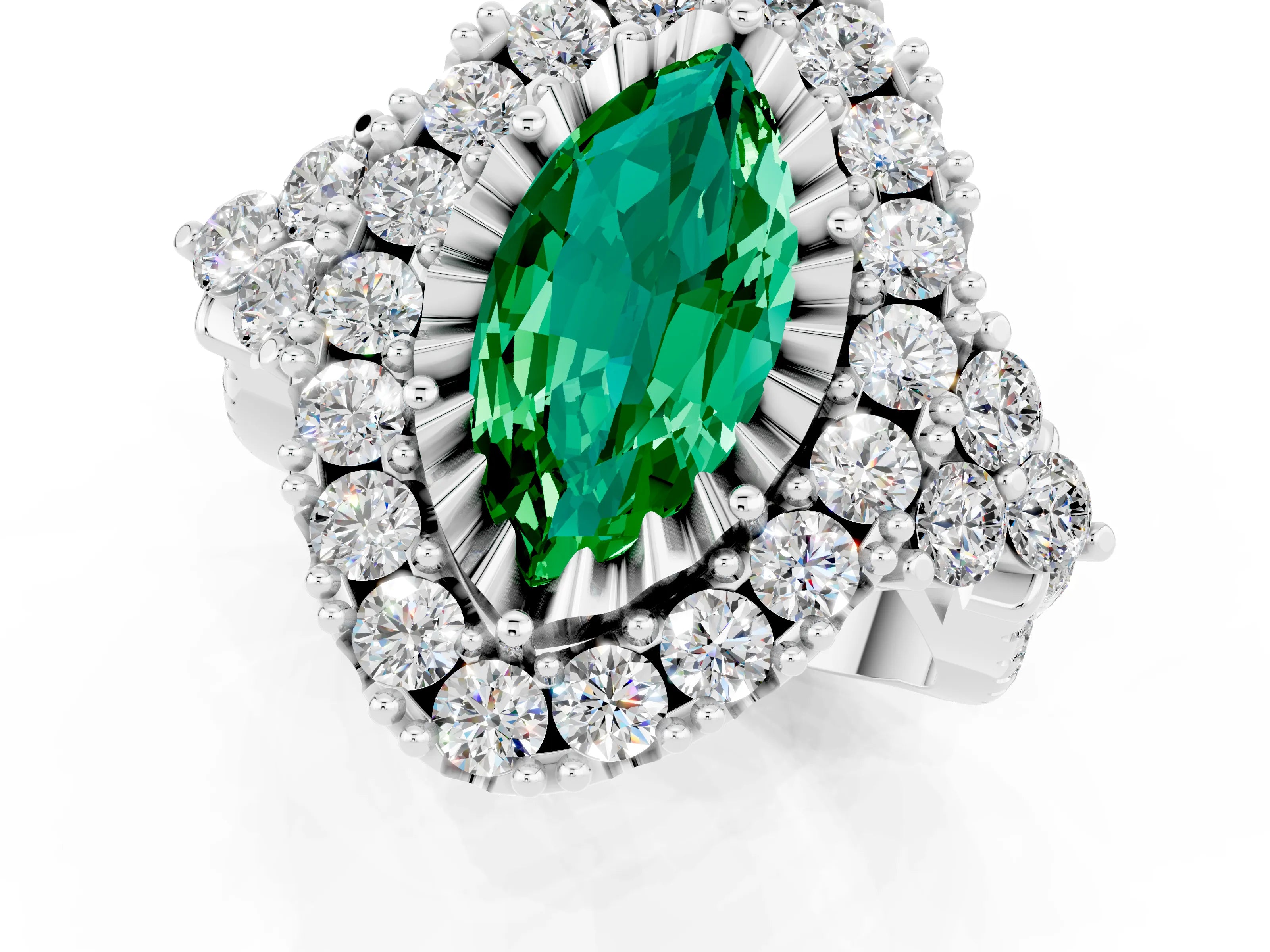 White gold Marquise Cut Emerald Halo Ring with Pavé Band and Four-Prong Setting_13