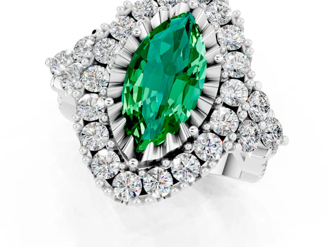 White gold Marquise Cut Emerald Halo Ring with Pavé Band and Four-Prong Setting_13