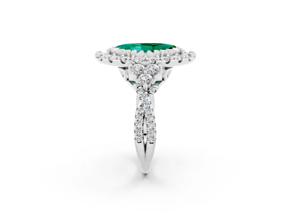 Silver Marquise Cut Emerald Halo Ring with Pavé Band and Four-Prong Setting