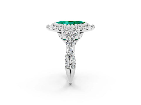 White gold Marquise Cut Emerald Halo Ring with Pavé Band and Four-Prong Setting_14