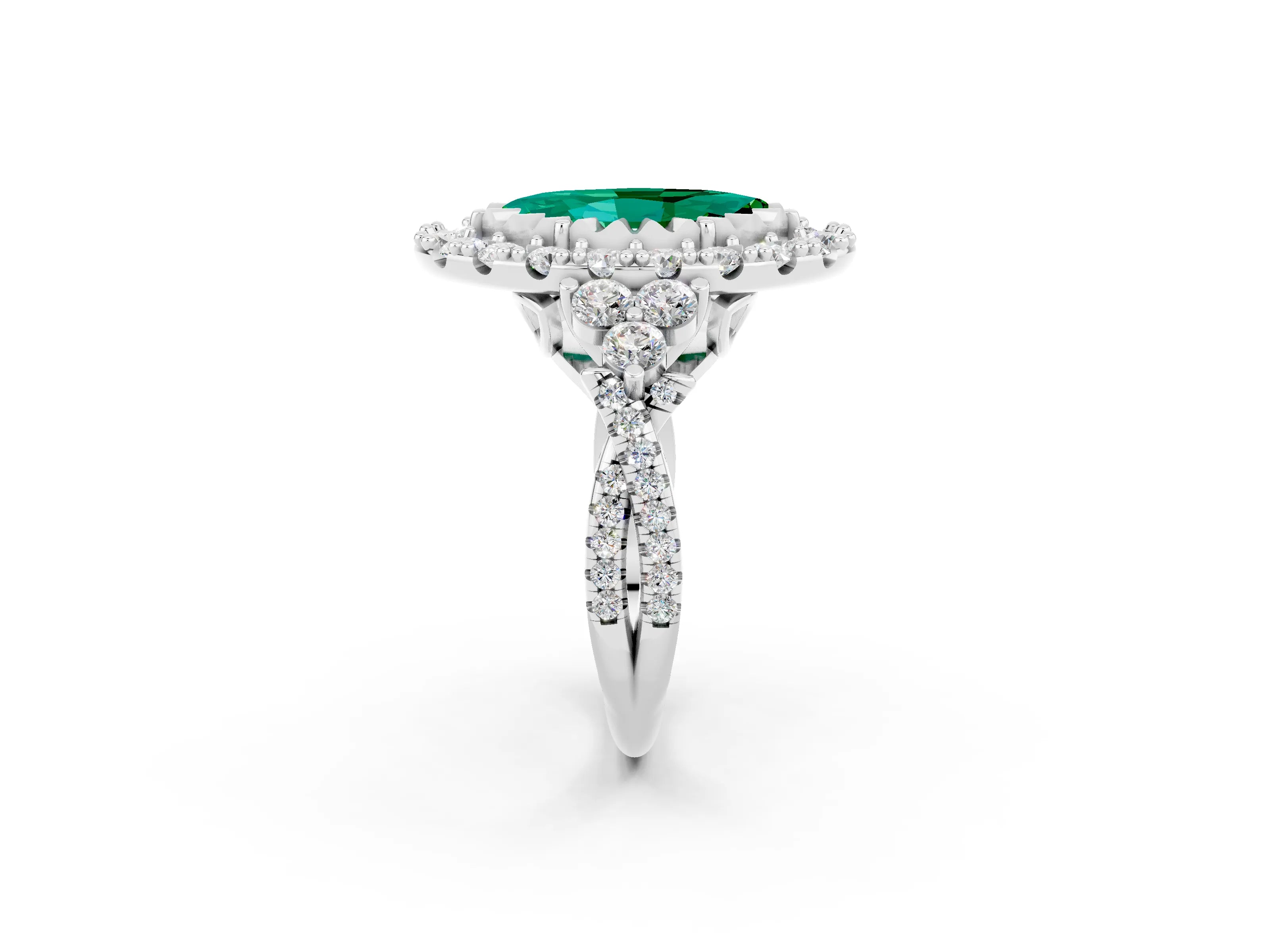 White gold Marquise Cut Emerald Halo Ring with Pavé Band and Four-Prong Setting_14