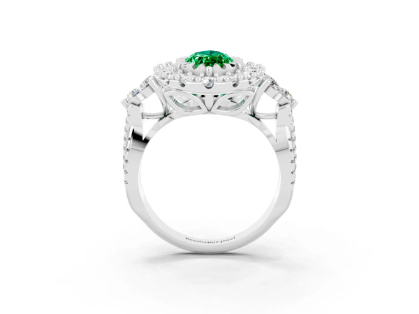 Platinum Marquise Cut Emerald Halo Ring with Pavé Band and Four-Prong Setting