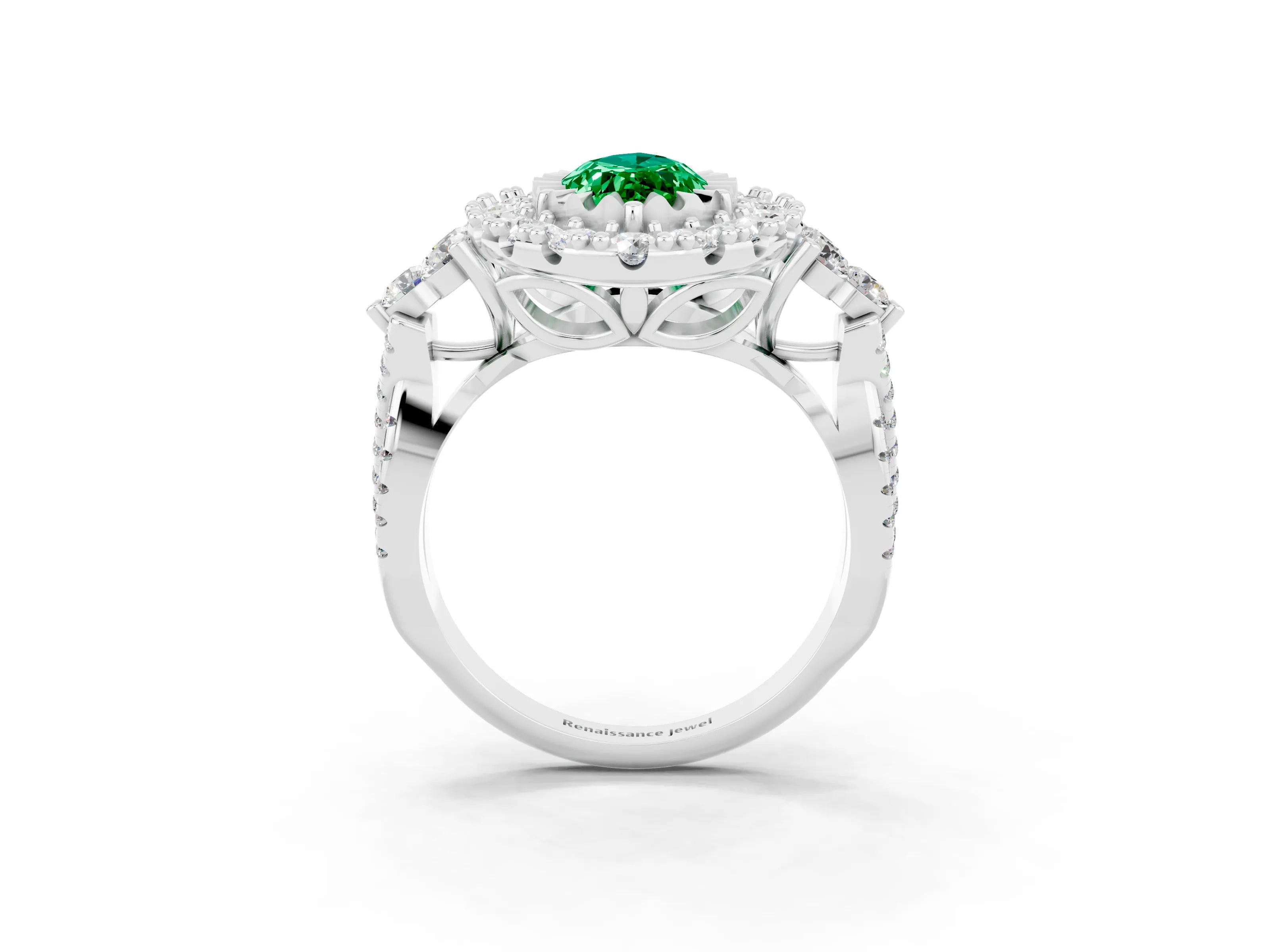 White gold Marquise Cut Emerald Halo Ring with Pavé Band and Four-Prong Setting_15