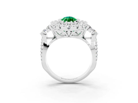 White gold Marquise Cut Emerald Halo Ring with Pavé Band and Four-Prong Setting_15