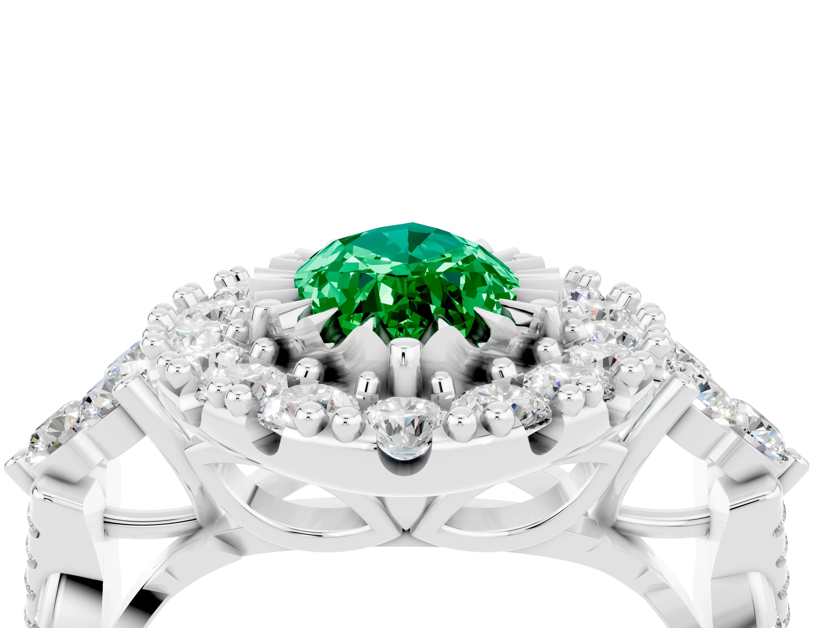 White gold Marquise Cut Emerald Halo Ring with Pavé Band and Four-Prong Setting_16