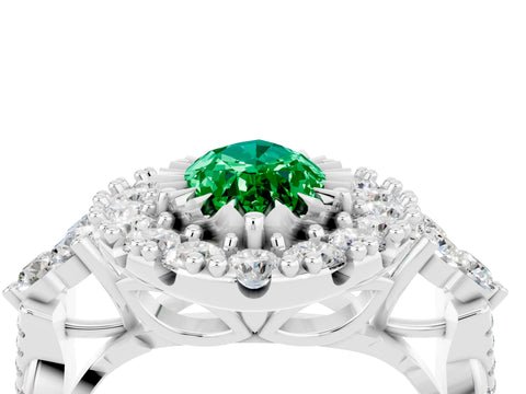 White gold Marquise Cut Emerald Halo Ring with Pavé Band and Four-Prong Setting_16