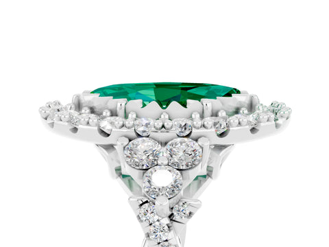 White gold Marquise Cut Emerald Halo Ring with Pavé Band and Four-Prong Setting_17