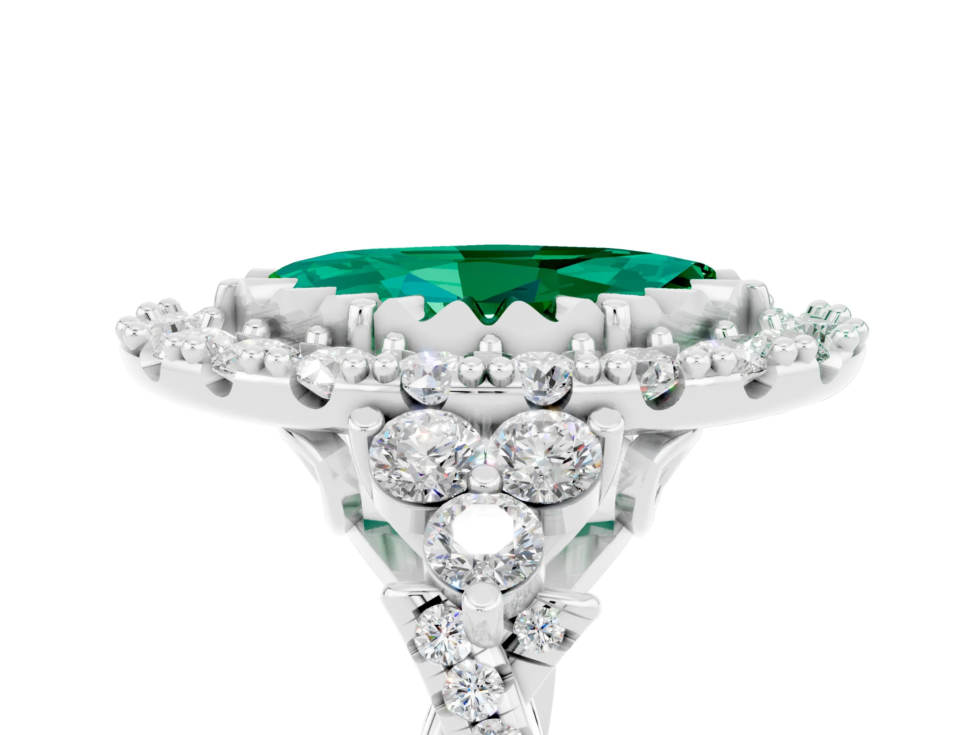 White gold Marquise Cut Emerald Halo Ring with Pavé Band and Four-Prong Setting_17