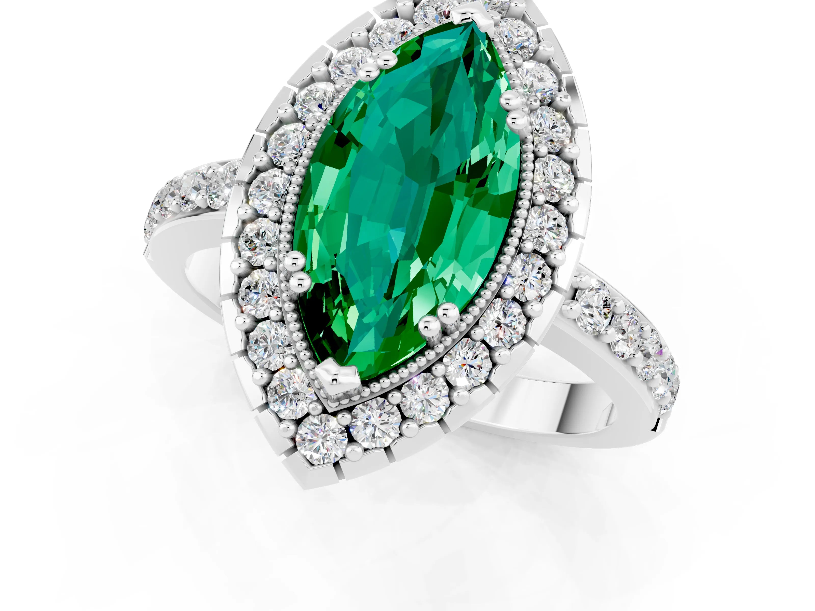White gold Marquise Cut Emerald Halo Ring with Pavé Band and Prong Setting_1