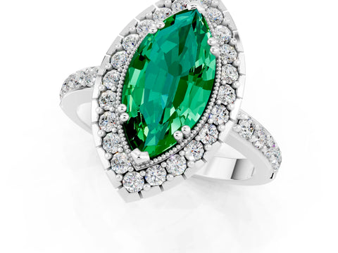 White gold Marquise Cut Emerald Halo Ring with Pavé Band and Prong Setting_1