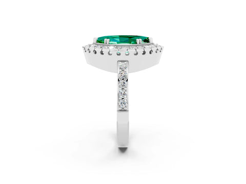 White gold Marquise Cut Emerald Halo Ring with Pavé Band and Prong Setting_2
