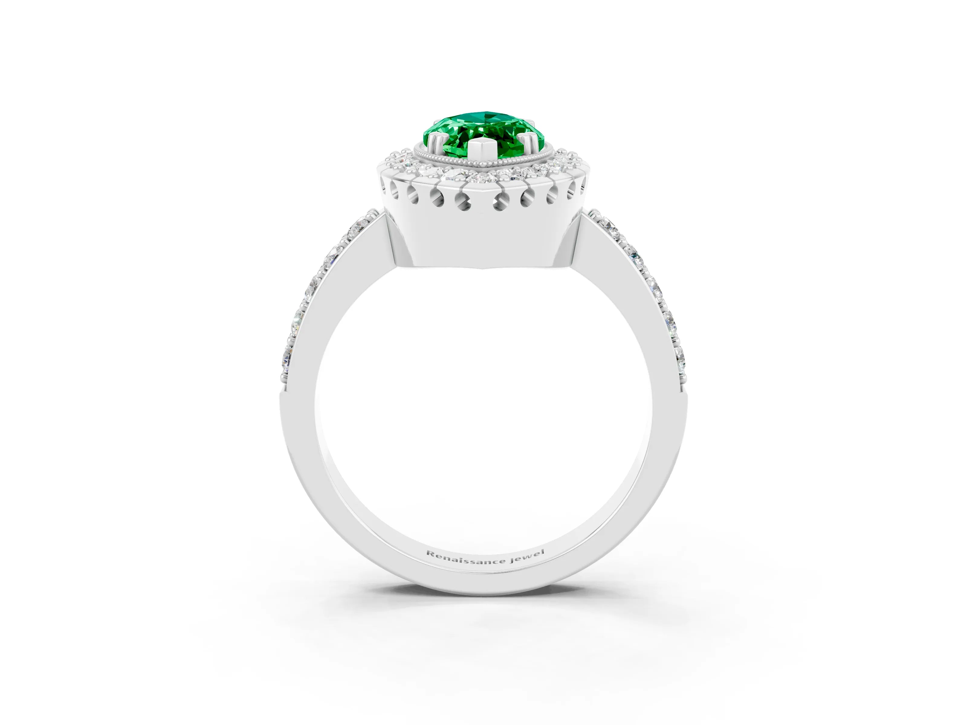 White gold Marquise Cut Emerald Halo Ring with Pavé Band and Prong Setting_3
