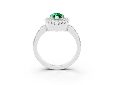 White gold Marquise Cut Emerald Halo Ring with Pavé Band and Prong Setting_3