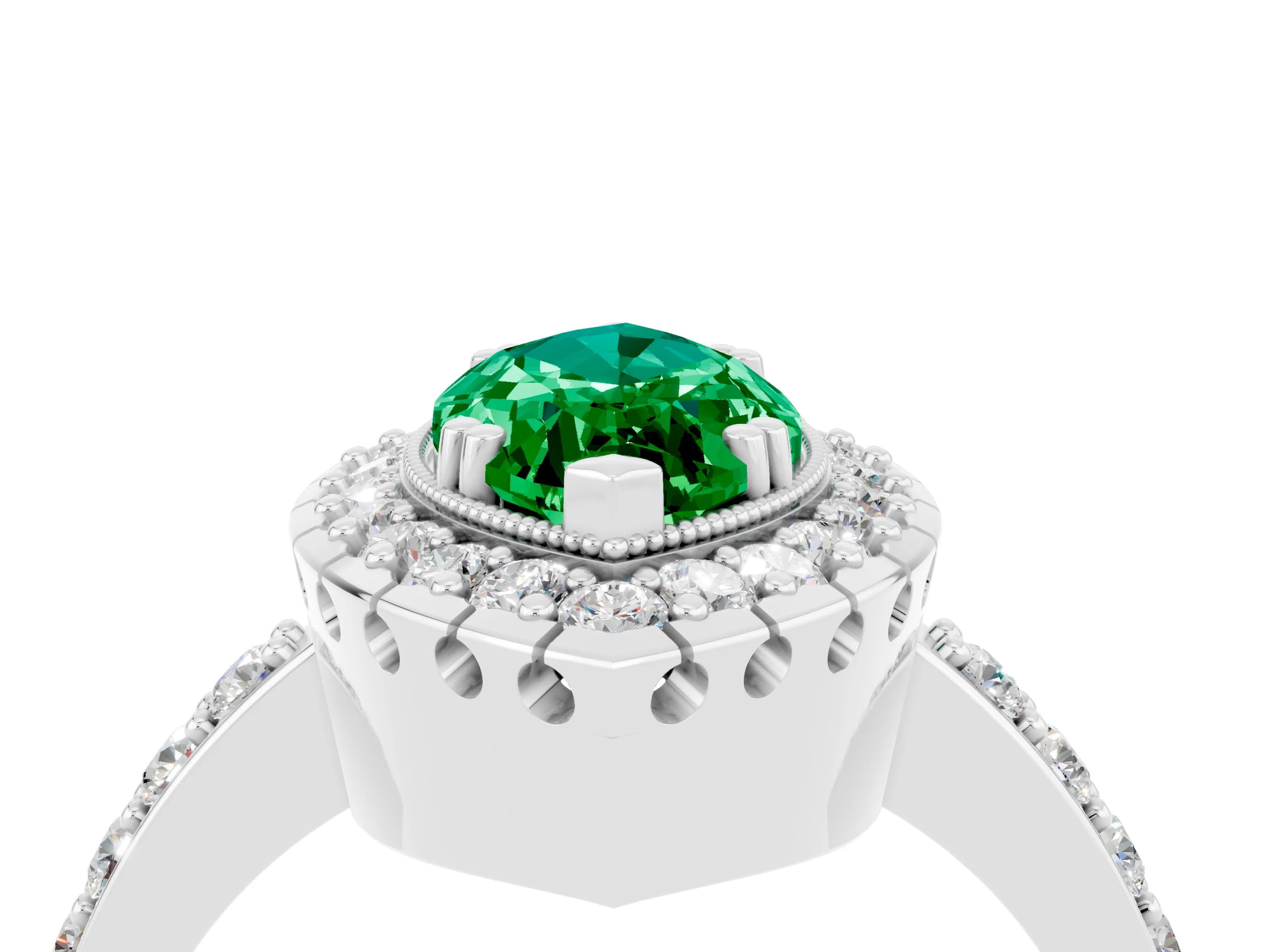White gold Marquise Cut Emerald Halo Ring with Pavé Band and Prong Setting_4