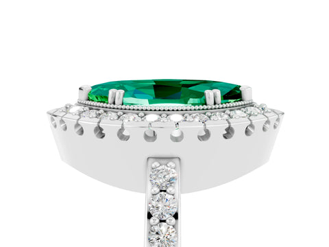 White gold Marquise Cut Emerald Halo Ring with Pavé Band and Prong Setting_5