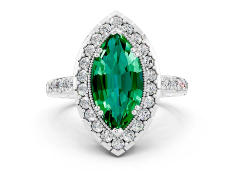White gold Marquise Cut Emerald Halo Ring with Pavé Band and Prong Setting