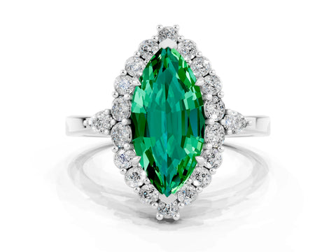 White gold Marquise Cut Emerald Halo Ring with Pear Side Stones and Prong Setting_24