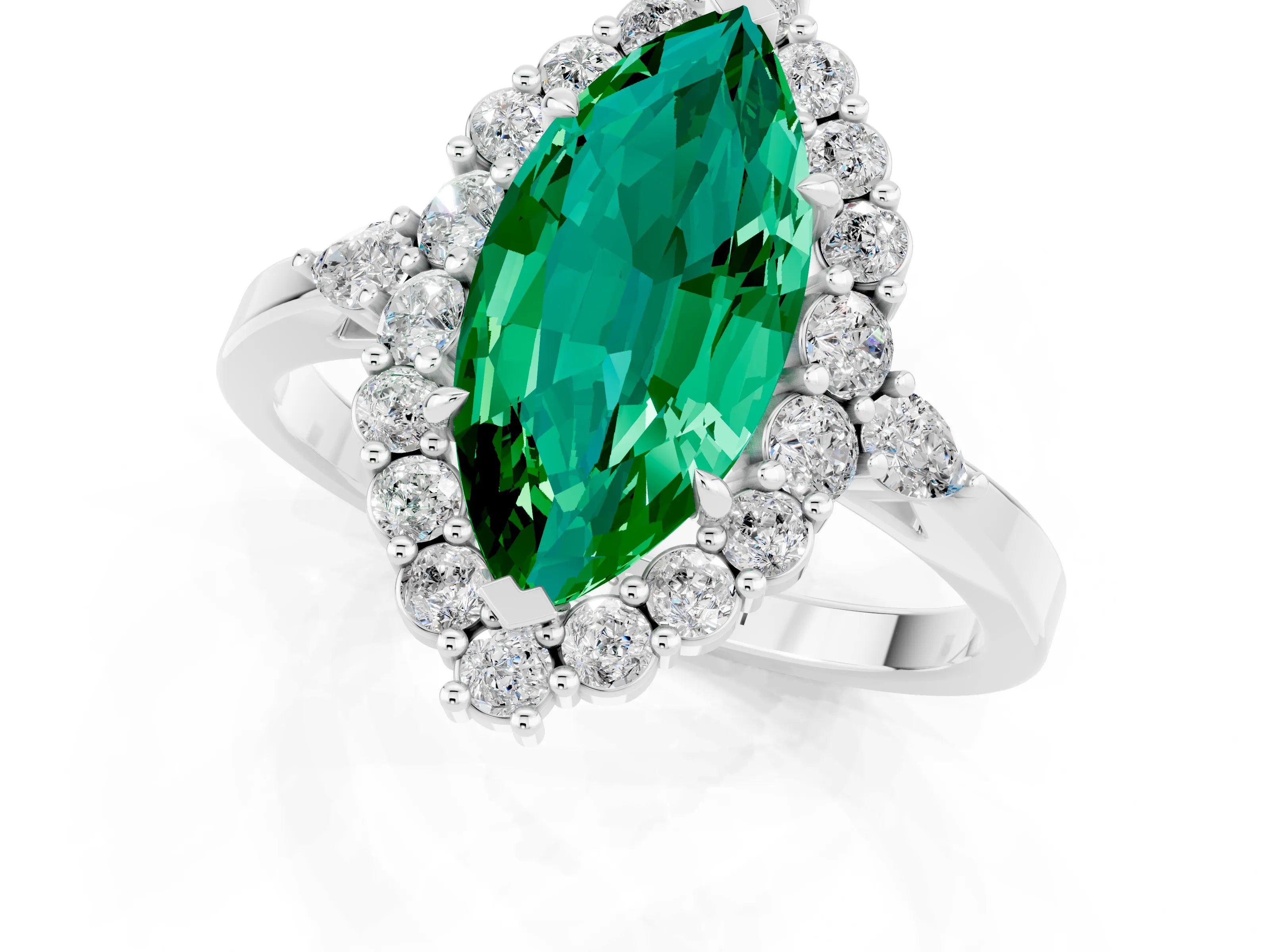White gold Marquise Cut Emerald Halo Ring with Pear Side Stones and Prong Setting_25