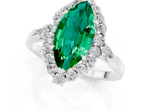 White gold Marquise Cut Emerald Halo Ring with Pear Side Stones and Prong Setting_25