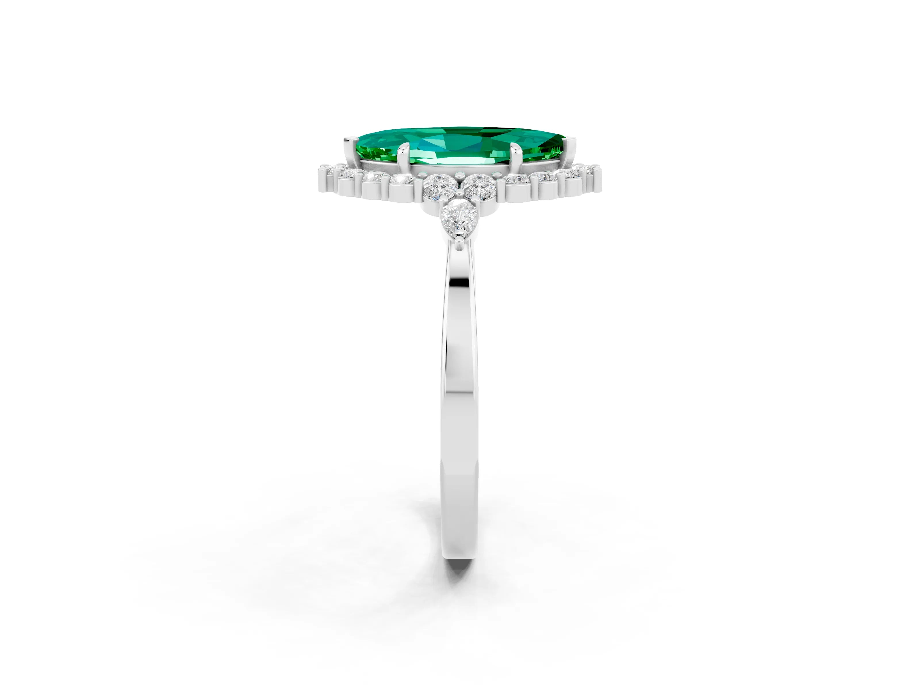 White gold Marquise Cut Emerald Halo Ring with Pear Side Stones and Prong Setting_26