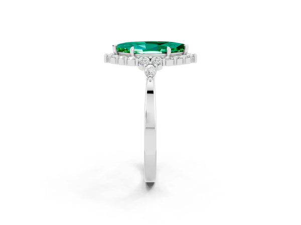 Platinum Marquise Cut Emerald Halo Ring with Pear Side Stones and Prong Setting