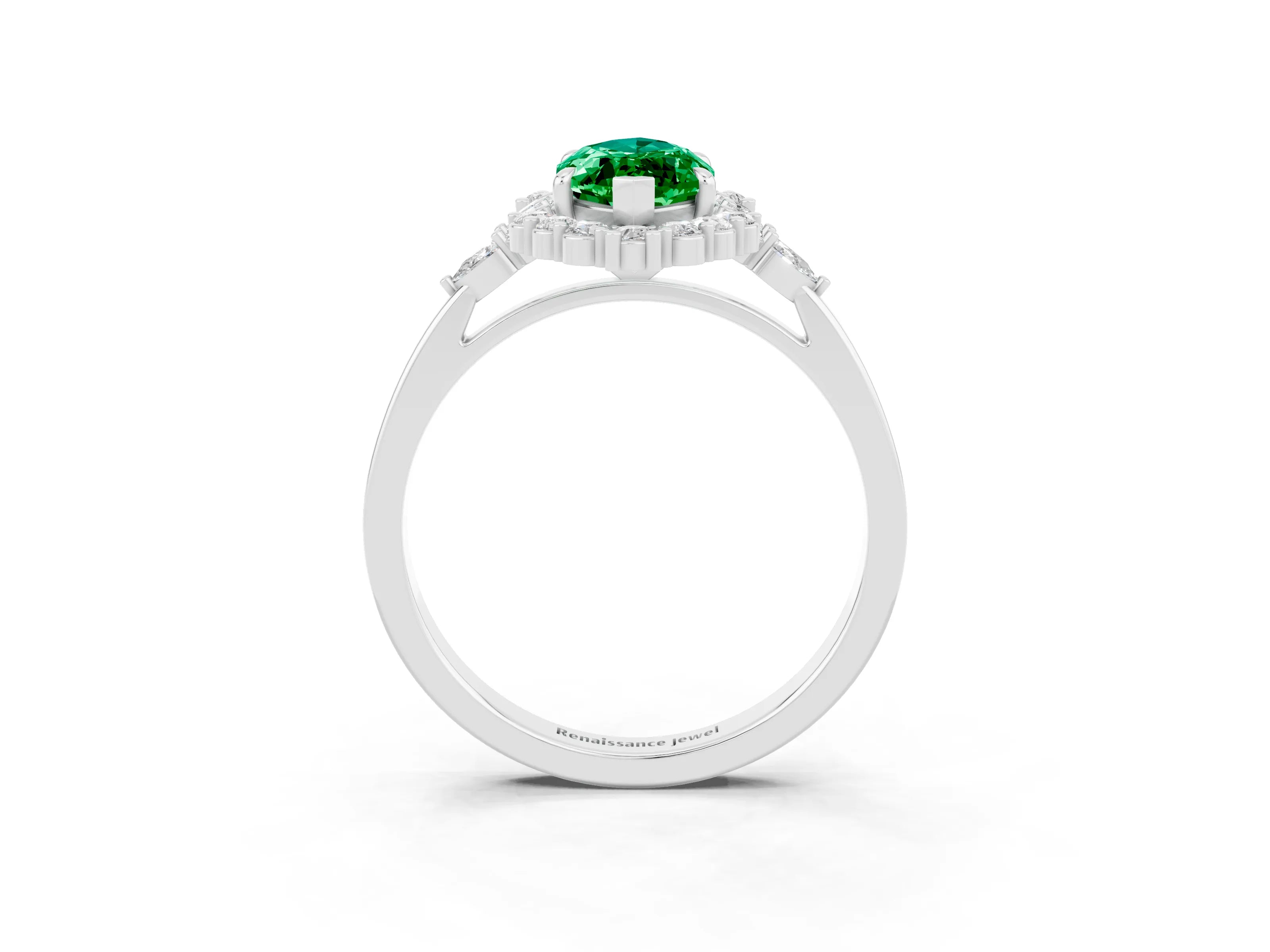 White gold Marquise Cut Emerald Halo Ring with Pear Side Stones and Prong Setting_27