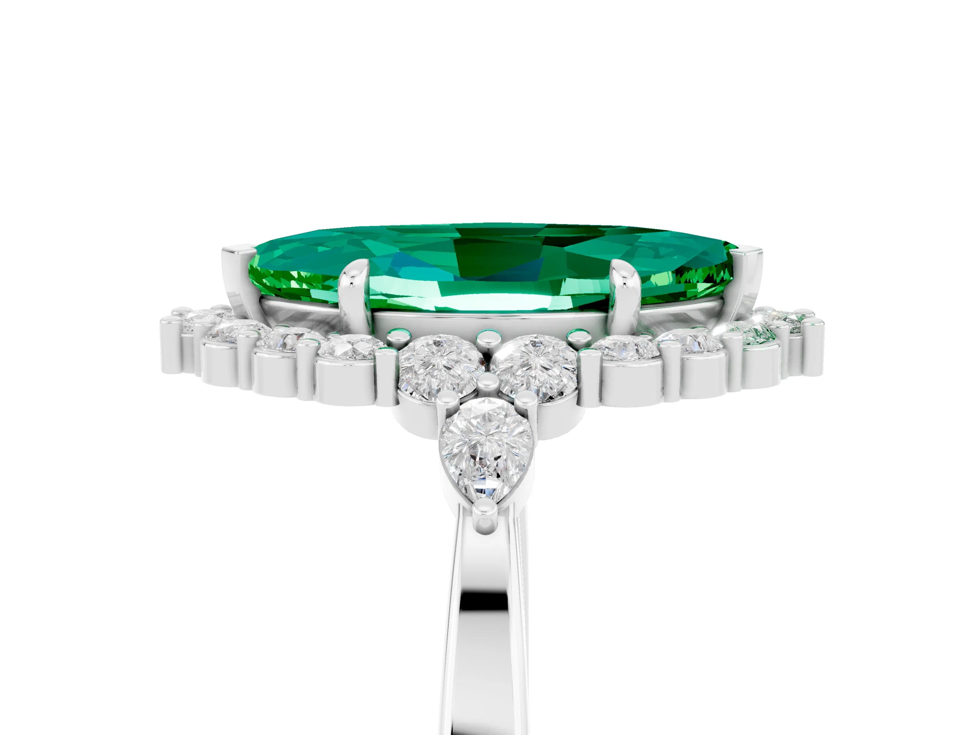 White gold Marquise Cut Emerald Halo Ring with Pear Side Stones and Prong Setting_29
