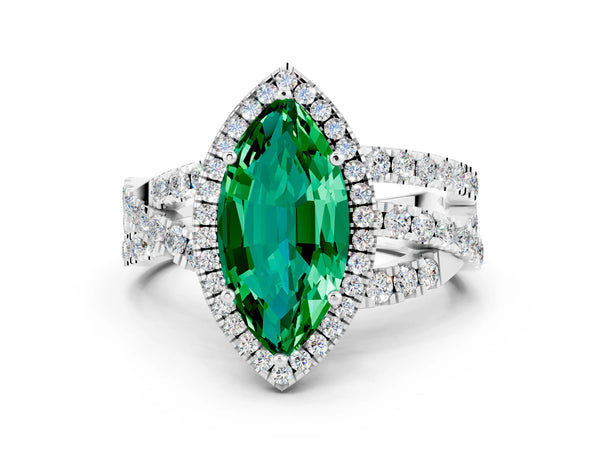 Platinum Marquise Cut Emerald Halo Ring with Round Split Shank and Prong Setting