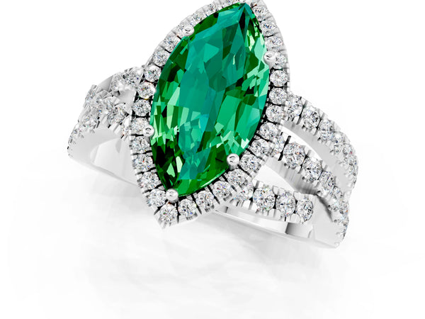 Platinum Marquise Cut Emerald Halo Ring with Round Split Shank and Prong Setting