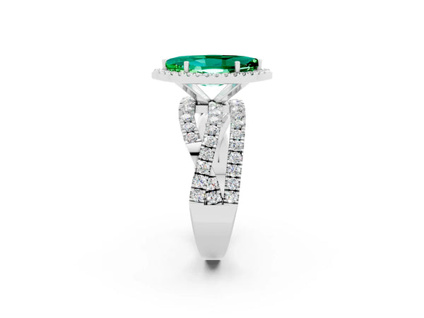 Silver Marquise Cut Emerald Halo Ring with Round Split Shank and Prong Setting