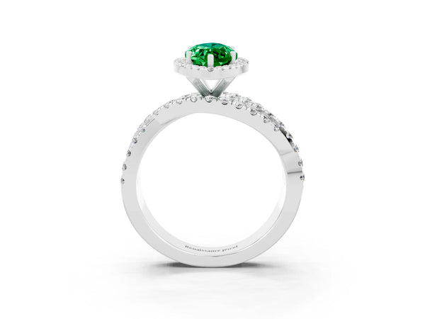 Platinum Marquise Cut Emerald Halo Ring with Round Split Shank and Prong Setting