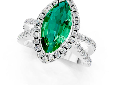 White gold Marquise Cut Emerald Halo Ring with Split Shank Pavé Band and Prong Setting_1