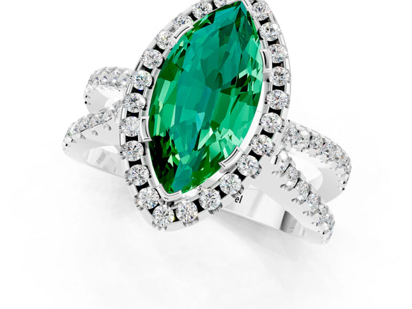 Silver Marquise Cut Emerald Halo Ring with Split Shank Pavé Band and Prong Setting