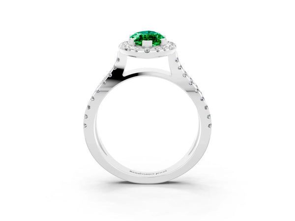 Silver Marquise Cut Emerald Halo Ring with Split Shank Pavé Band and Prong Setting
