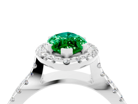 White gold Marquise Cut Emerald Halo Ring with Split Shank Pavé Band and Prong Setting_4