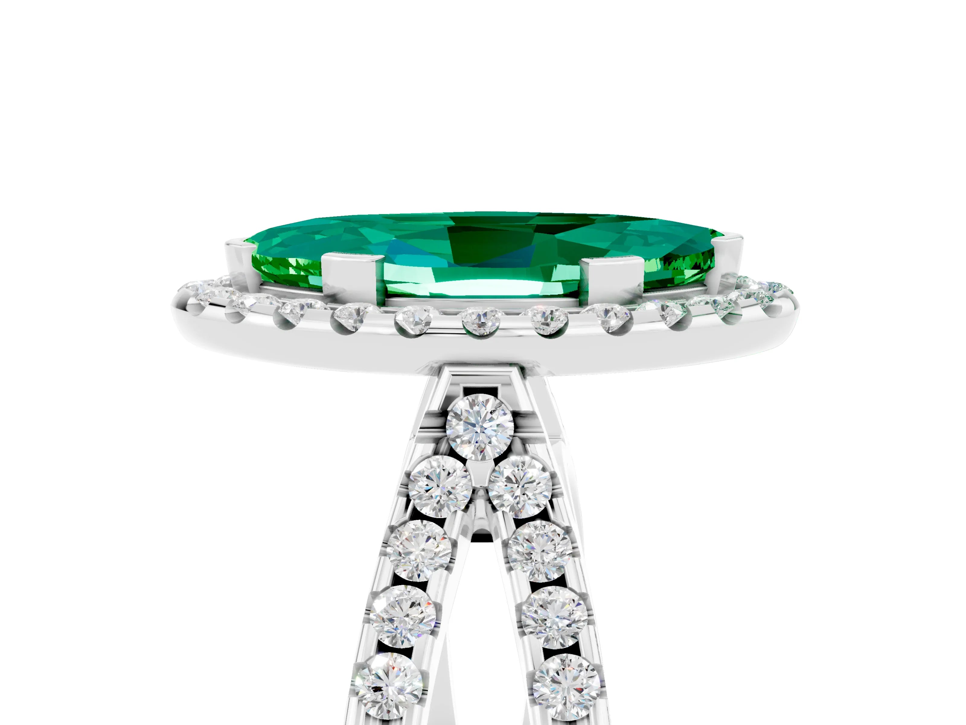 White gold Marquise Cut Emerald Halo Ring with Split Shank Pavé Band and Prong Setting_5