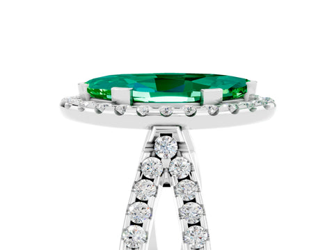 White gold Marquise Cut Emerald Halo Ring with Split Shank Pavé Band and Prong Setting_5