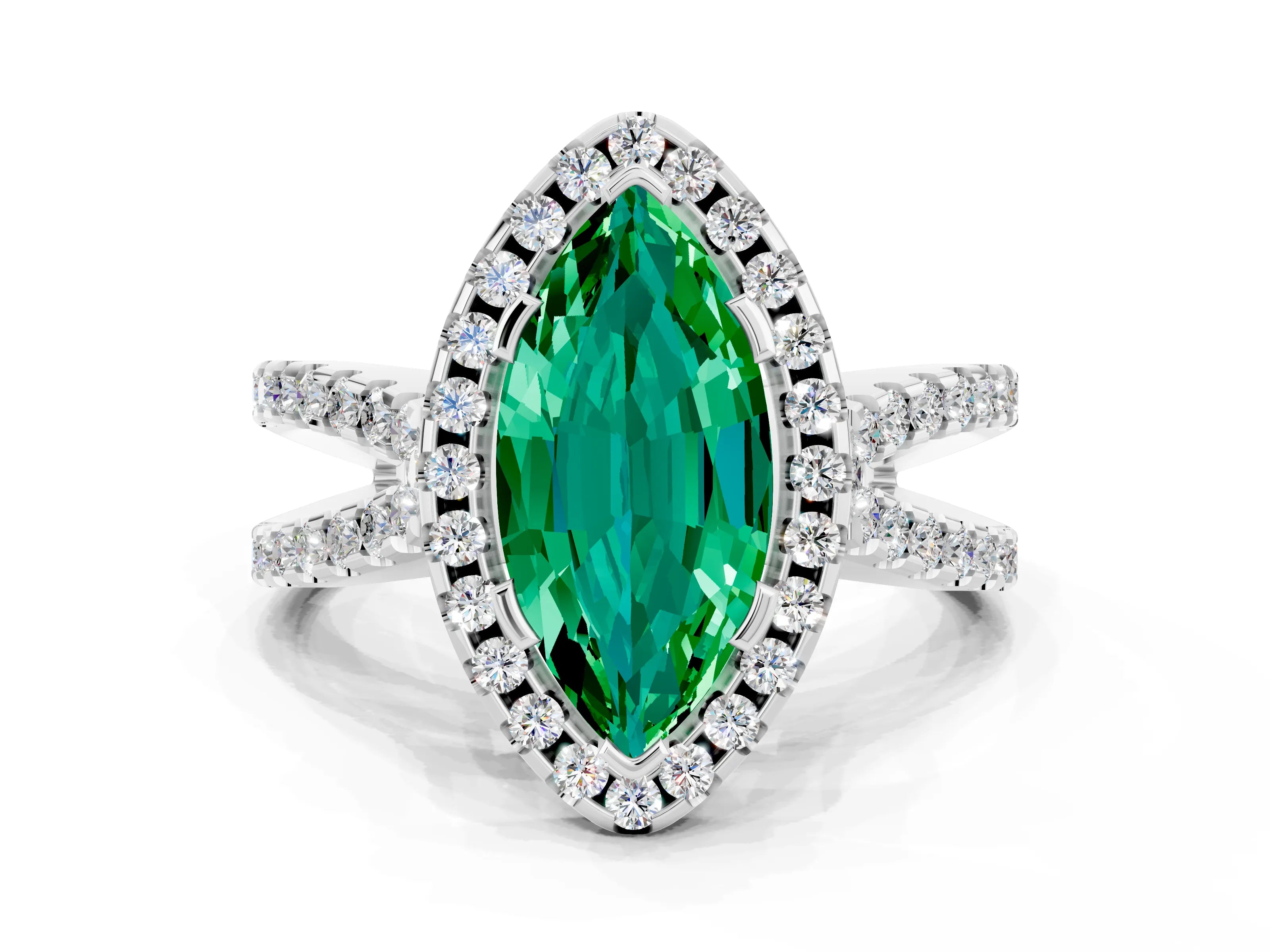 White gold Marquise Cut Emerald Halo Ring with Split Shank Pavé Band and Prong Setting