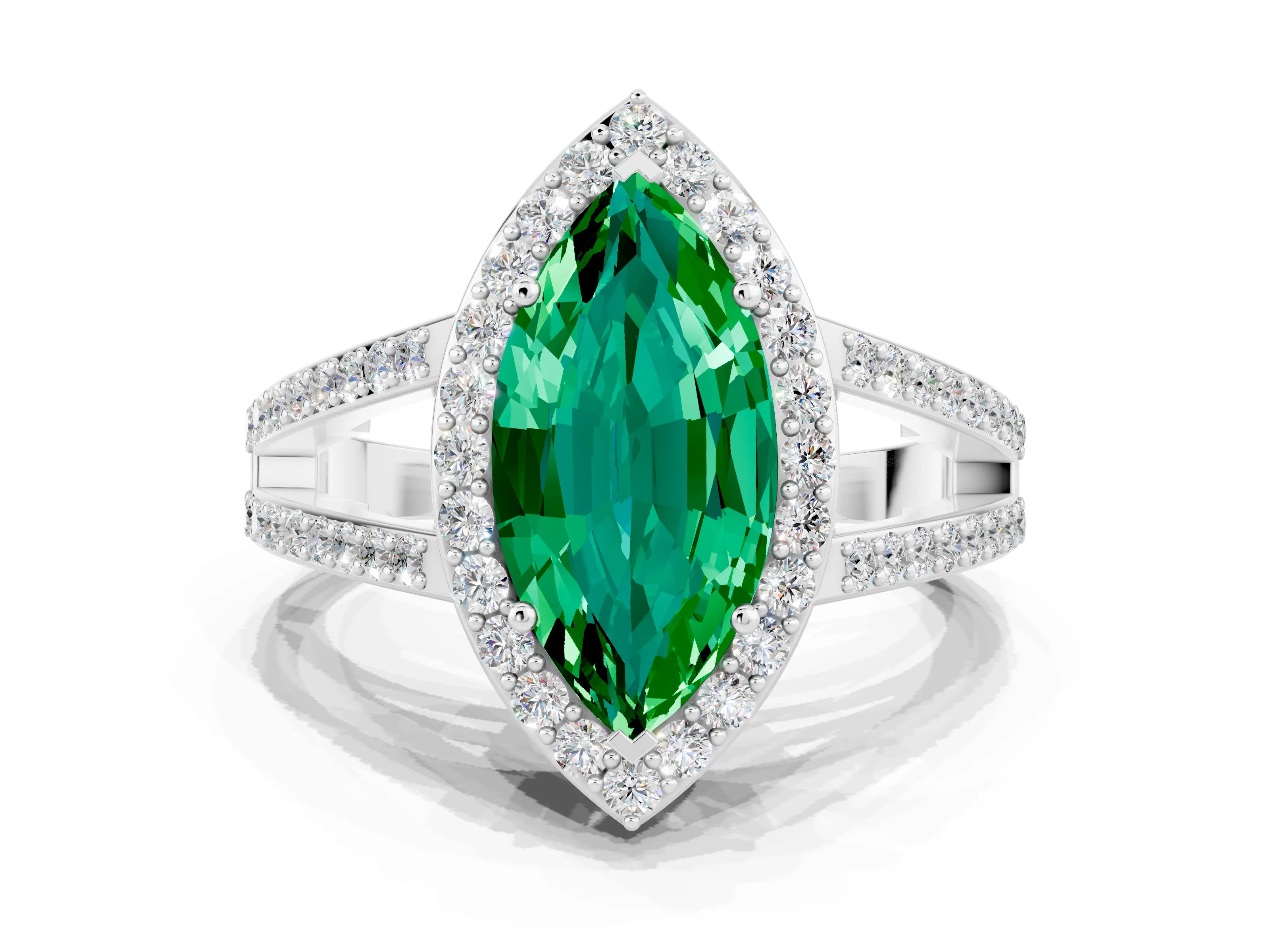 White gold Marquise Cut Emerald Halo Ring with Split Shank U-Prong Band and Four-Prong Setting